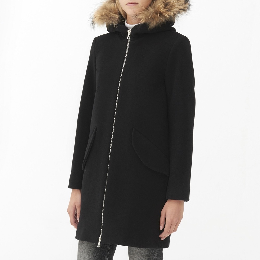 SANDRO PARIS Muriel‎ Coat Women's Black Wool Hooded Fur Trim Zipped Coat 36